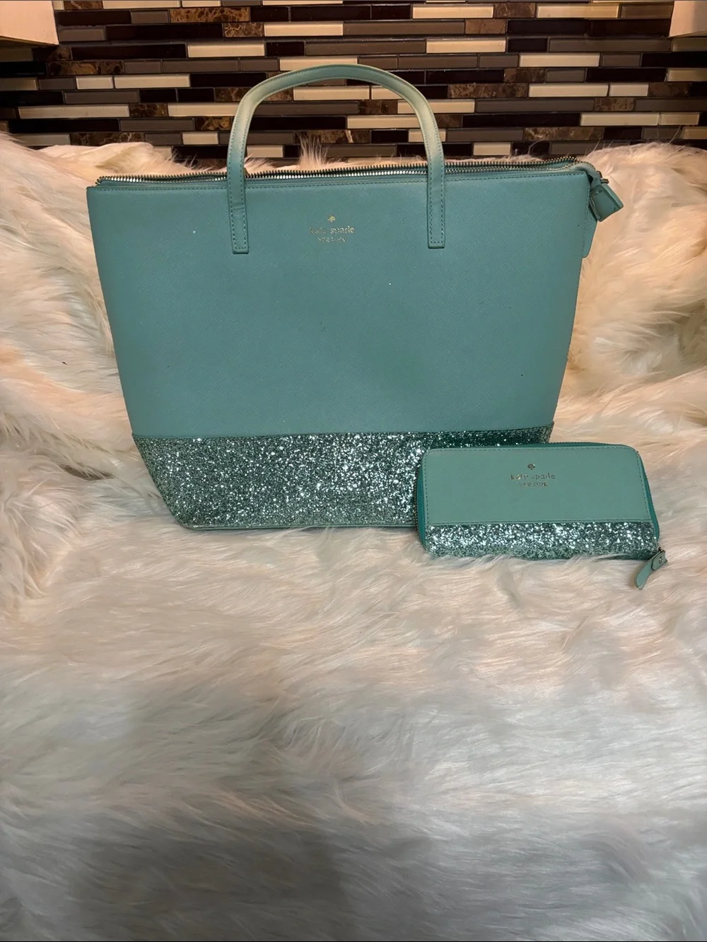 kate spade mint green tote with glitter trim and matching wallet